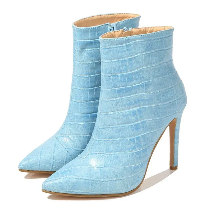 Size 4.5-10 Fashion Solid Color Pointed-Toe Snakeskin Pattern Stiletto Short Boots