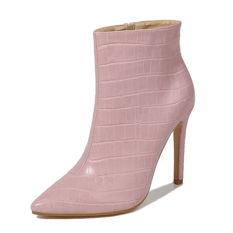 Size 4.5-10 Fashion Solid Color Pointed-Toe Snakeskin Pattern Stiletto Short Boots - Image 6