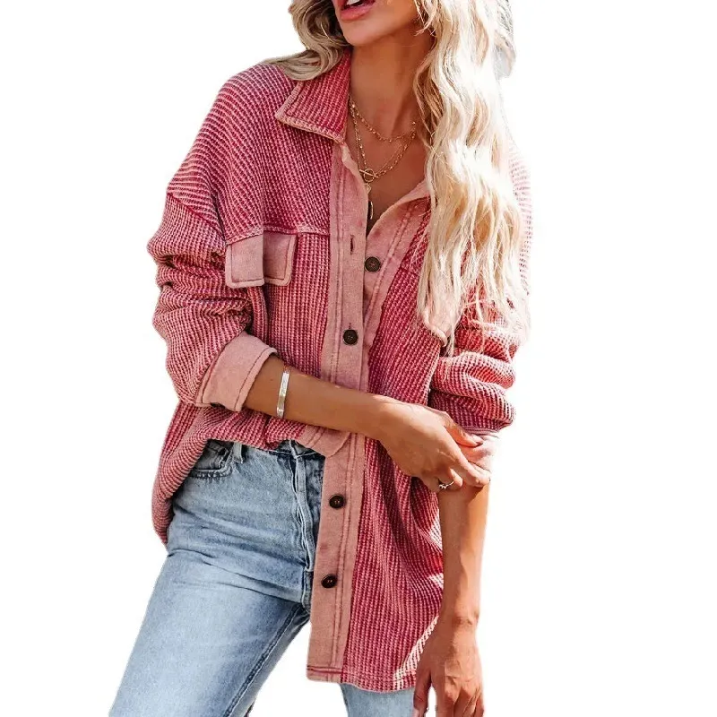 Women Casual Office Long Sleeve Lapel Single-breasted Pocket Design Rin Knit Shacket - Image 3