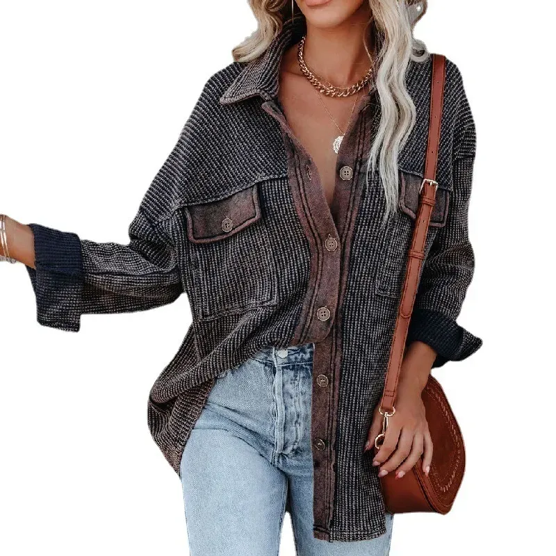 Women Casual Office Long Sleeve Lapel Single-breasted Pocket Design Rin Knit Shacket - Image 4