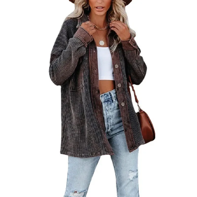Women Casual Office Long Sleeve Lapel Single-breasted Pocket Design Rin Knit Shacket - Image 5