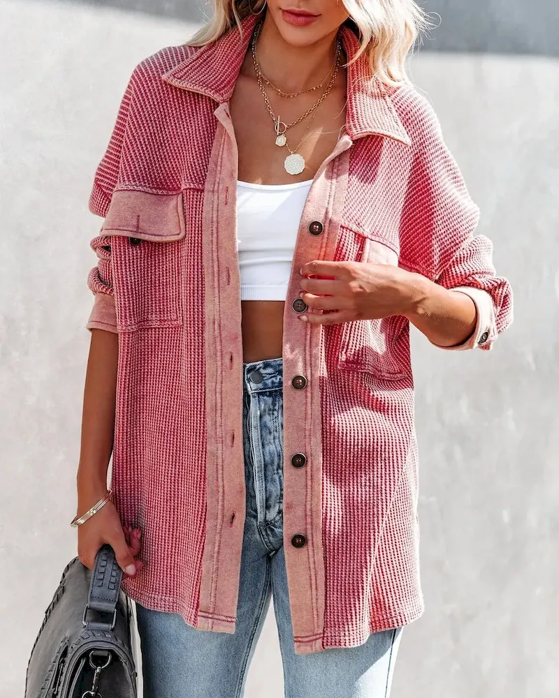 Women Casual Office Long Sleeve Lapel Single-breasted Pocket Design Rin Knit Shacket - Image 6