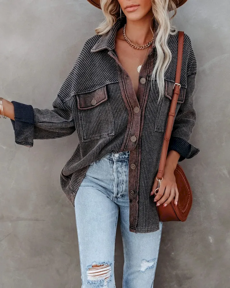 Women Casual Office Long Sleeve Lapel Single-breasted Pocket Design Rin Knit Shacket - Image 7