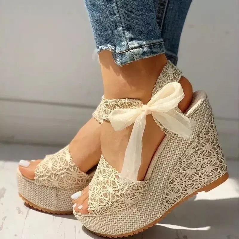 Women Elegant Boho Style Peep Toe Bow Decoration Platform Wedge Sandals