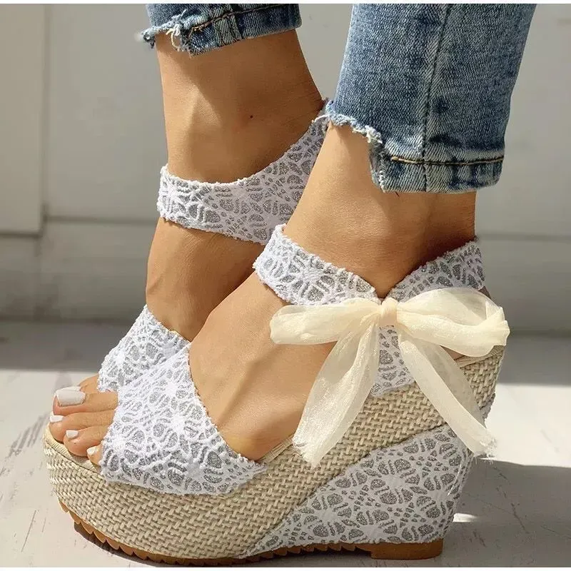 Women Elegant Boho Style Peep Toe Bow Decoration Platform Wedge Sandals - Image 4