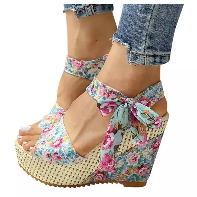Women Elegant Boho Style Peep Toe Bow Decoration Platform Wedge Sandals - Image 5