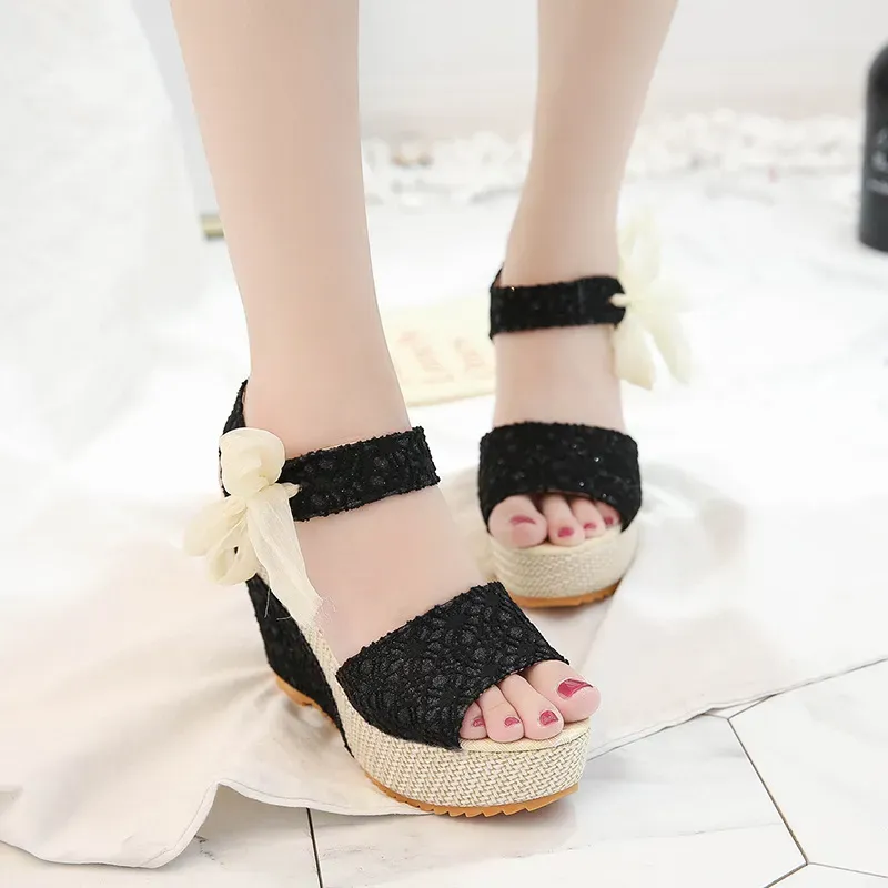 Women Elegant Boho Style Peep Toe Bow Decoration Platform Wedge Sandals - Image 6