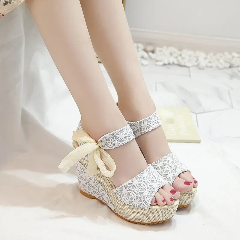 Women Elegant Boho Style Peep Toe Bow Decoration Platform Wedge Sandals - Image 7