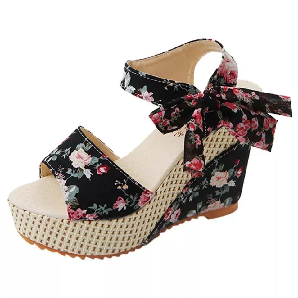 Women Elegant Boho Style Peep Toe Bow Decoration Platform Wedge Sandals - Image 9