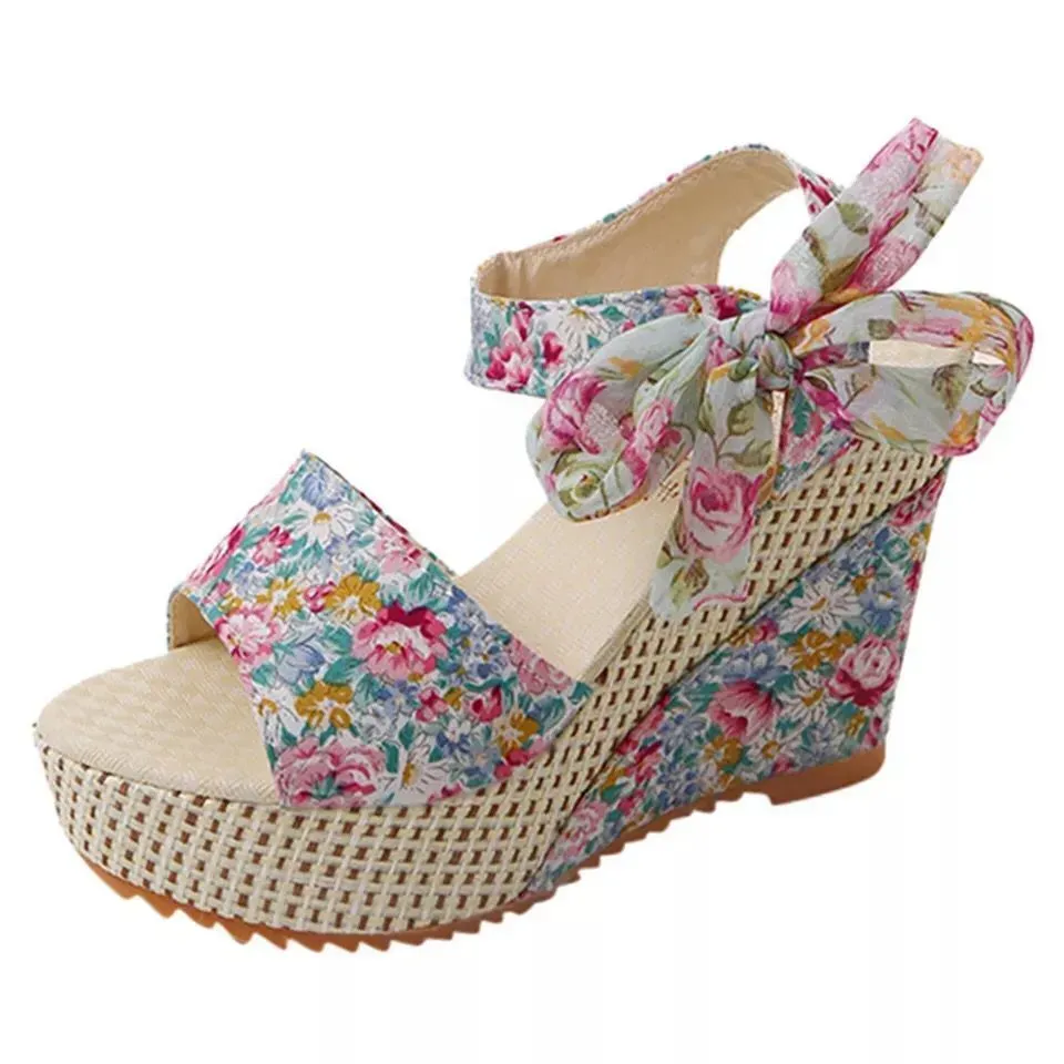 Women Elegant Boho Style Peep Toe Bow Decoration Platform Wedge Sandals - Image 10