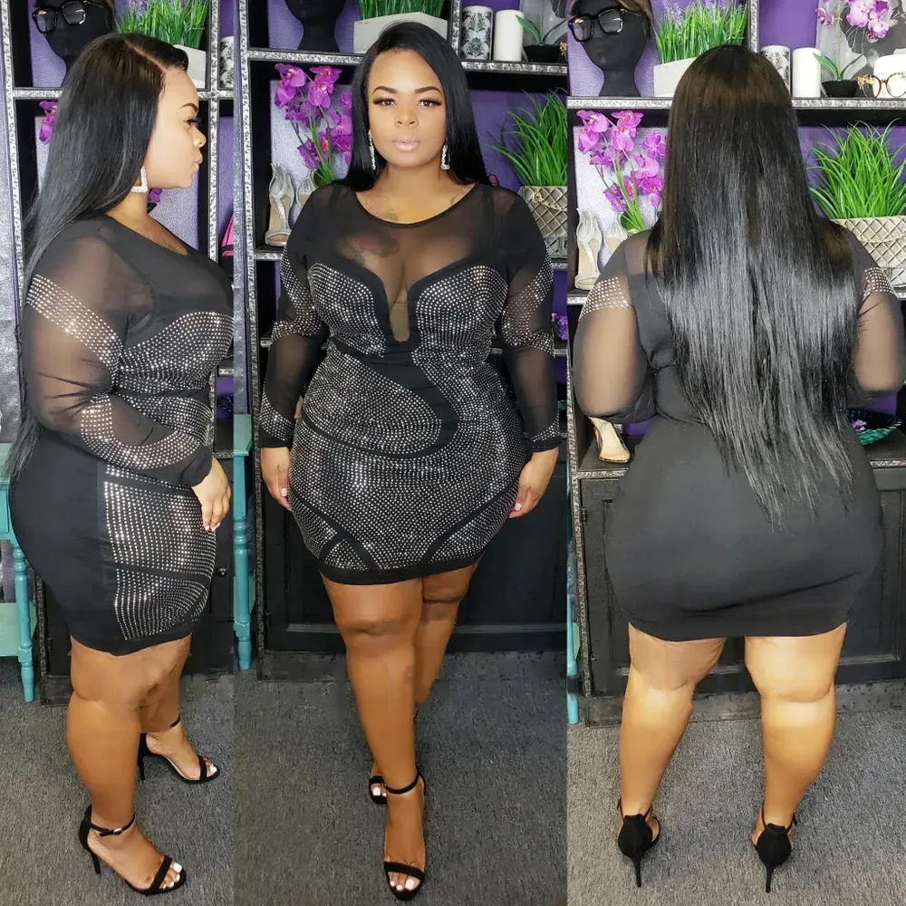 XL-5XL Women Plus Size Sexy Mesh Patchwork Long-sleeve Rhinestone Bodycon Dress - Image 3
