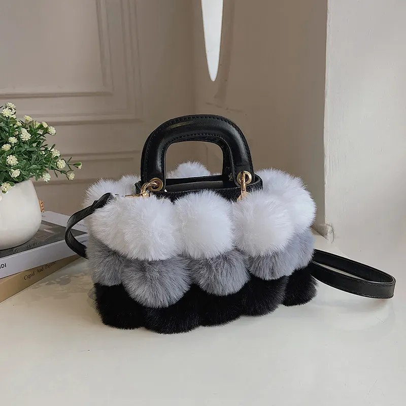 Women Casual Pompon Design Color Blocking Shoulder Handle Bag - Image 3