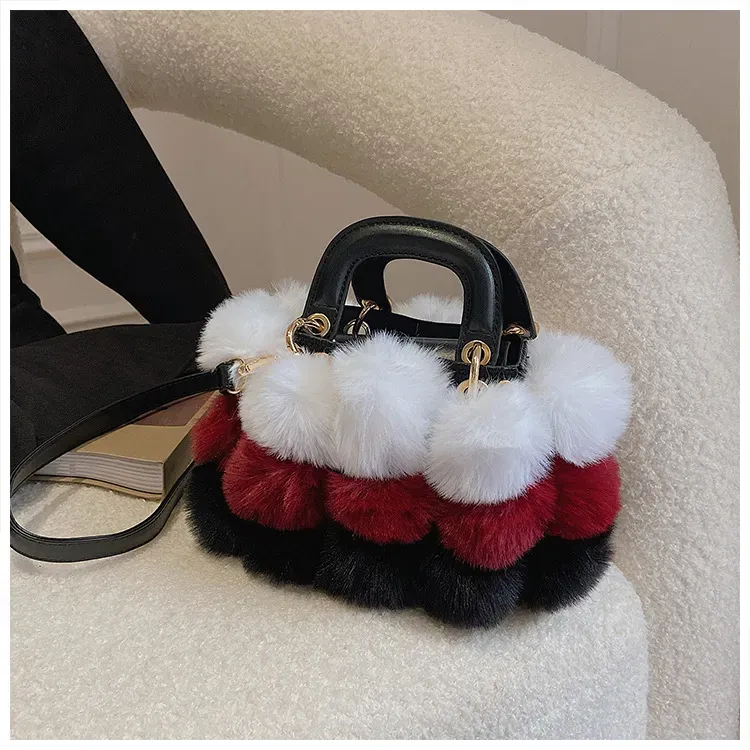 Women Casual Pompon Design Color Blocking Shoulder Handle Bag - Image 7