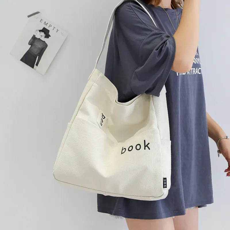 Women Casual Design Solid Color Canvas Shoulder Handle Tote Bag - Image 3