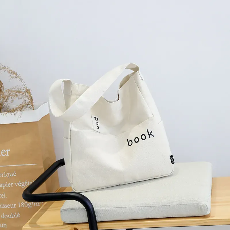 Women Casual Design Solid Color Canvas Shoulder Handle Tote Bag - Image 6
