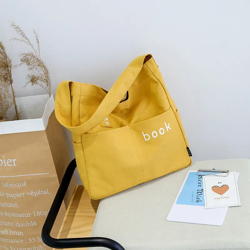 Women Casual Design Solid Color Canvas Shoulder Handle Tote Bag - Image 7