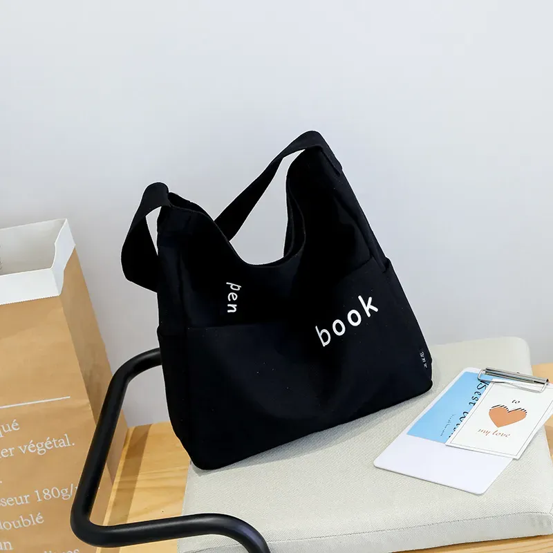 Women Casual Design Solid Color Canvas Shoulder Handle Tote Bag - Image 8