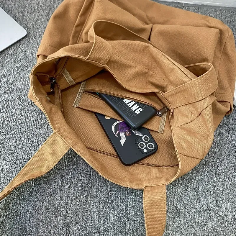 Women Casual Multi Pocket Design Solid Color Canvas Large Capacity Shoulder Handle Tote Bag - Image 4