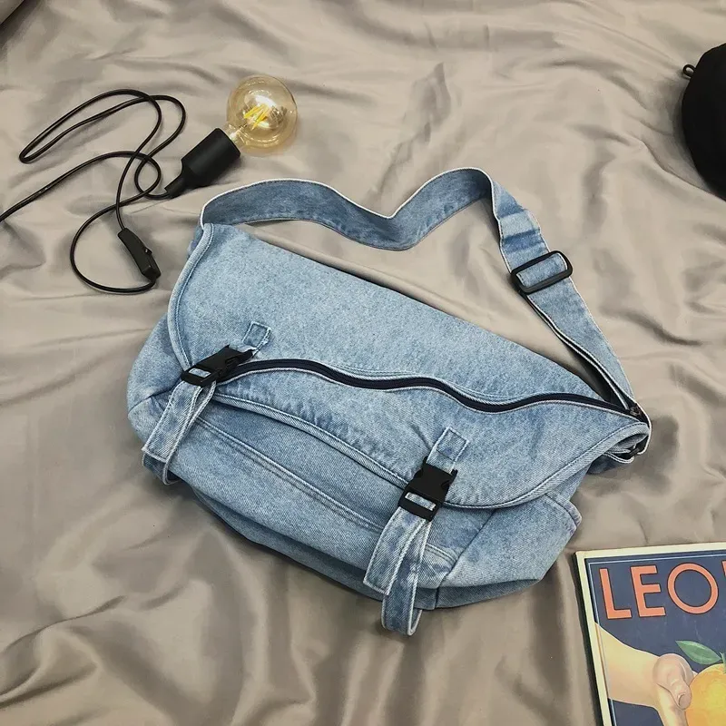Retro Washed Denim Women Casual Zipper Design Solid Color Large Capacity Shoulder Handle Bag - Image 7