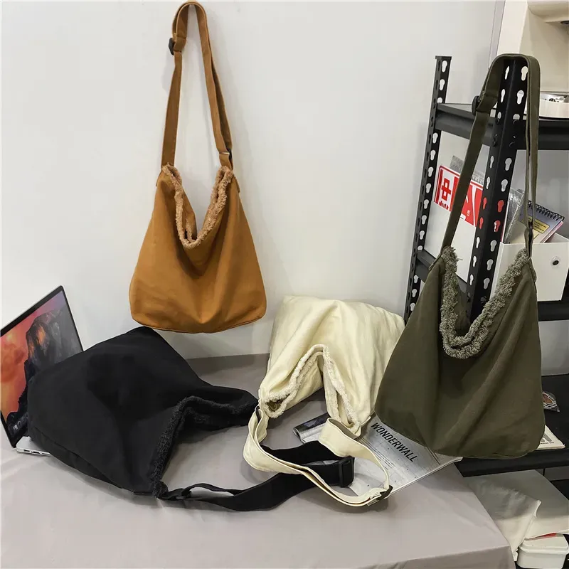 Women Casual Design Solid Color Canvas Large Capacity Shoulder Handle Bag - Image 3