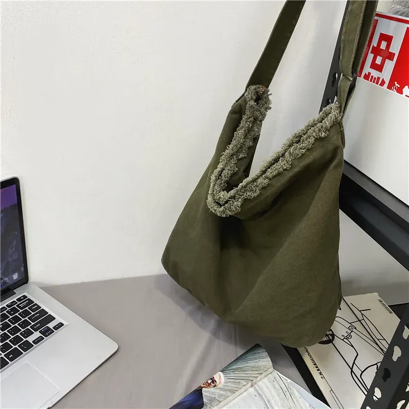 Women Casual Design Solid Color Canvas Large Capacity Shoulder Handle Bag - Image 6