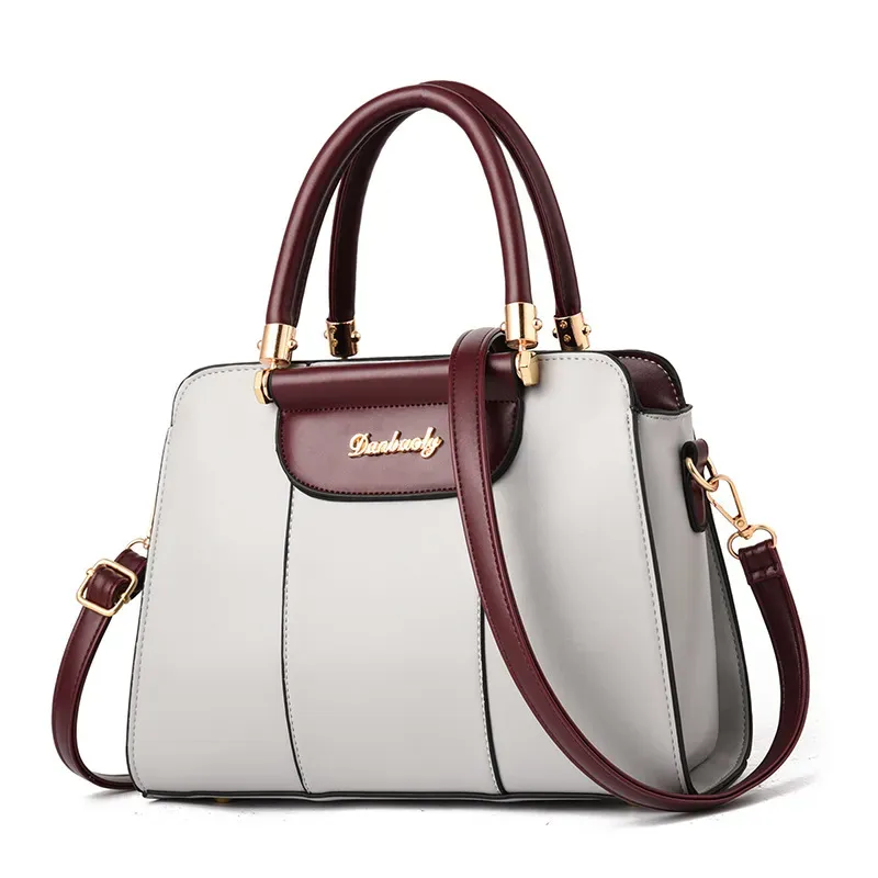 Women Vintage Zipper Design Color Blocking Large Capacity Shoulder Handle Bag