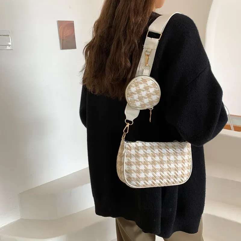 2 In 1 Women Casual Design Houndstooth Color Blocking Large Capacity Hobo Shoulder Handle Bag - Image 3