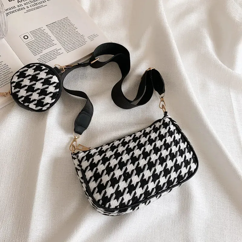 2 In 1 Women Casual Design Houndstooth Color Blocking Large Capacity Hobo Shoulder Handle Bag - Image 7