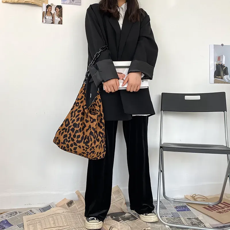 Women Daily Corduroy Vintage Leopard Pattern Thick Chain Warm Soft Shoulder Bags - Image 3