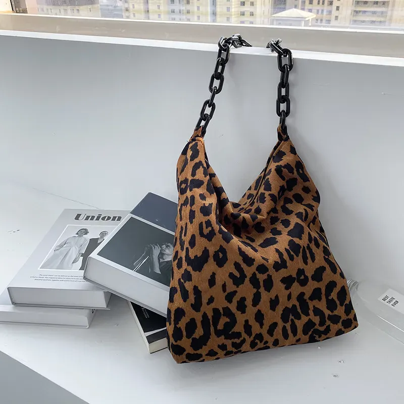 Women Daily Corduroy Vintage Leopard Pattern Thick Chain Warm Soft Shoulder Bags - Image 4