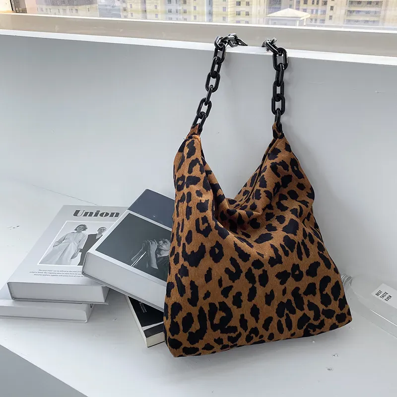 Women Daily Corduroy Vintage Leopard Pattern Thick Chain Warm Soft Shoulder Bags - Image 7