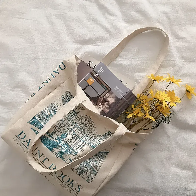 Women Casual Vintage Graphic Print Large Capacity Canvas Shopping Shoulder Bag