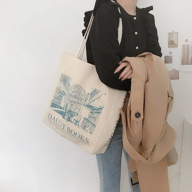 Women Casual Vintage Graphic Print Large Capacity Canvas Shopping Shoulder Bag - Image 3