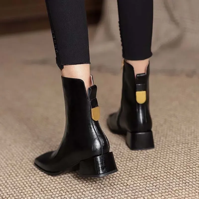 Women Casual PU Thick Heel Pointed Head Platform Side Zipper Riding Short Boots - Image 3
