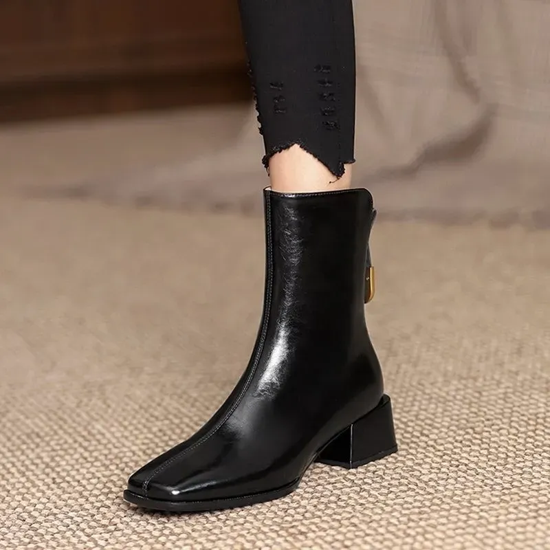 Women Casual PU Thick Heel Pointed Head Platform Side Zipper Riding Short Boots - Image 4