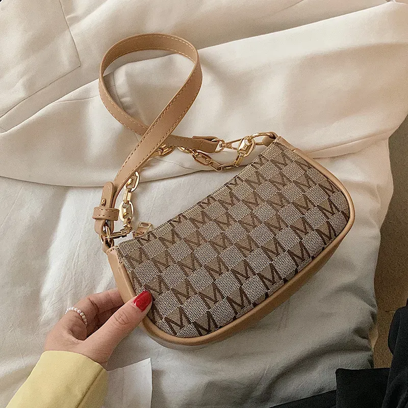 Women Chic Chain Zipper Design Letter Pattern PU Underarm Bag