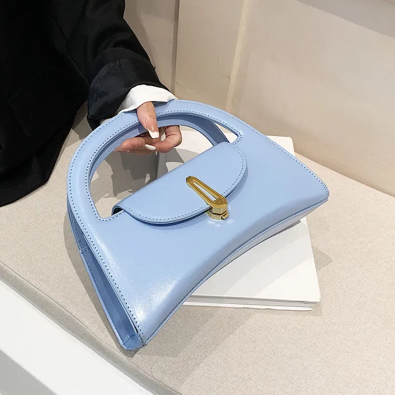 Women Chic Flap Buckle Design Solid Color PU Handle Bag