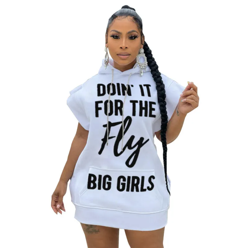 Women Edgy Spring Summer Short-Sleeved Pocket Plus Size Hooded Letter Printed Casual Dress - Image 5