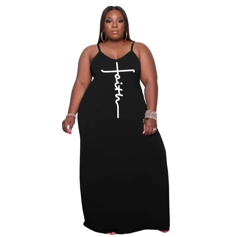 Plus Size Women Athleisure Faith Letter Printed Sleeveless Slip Dress - Image 4