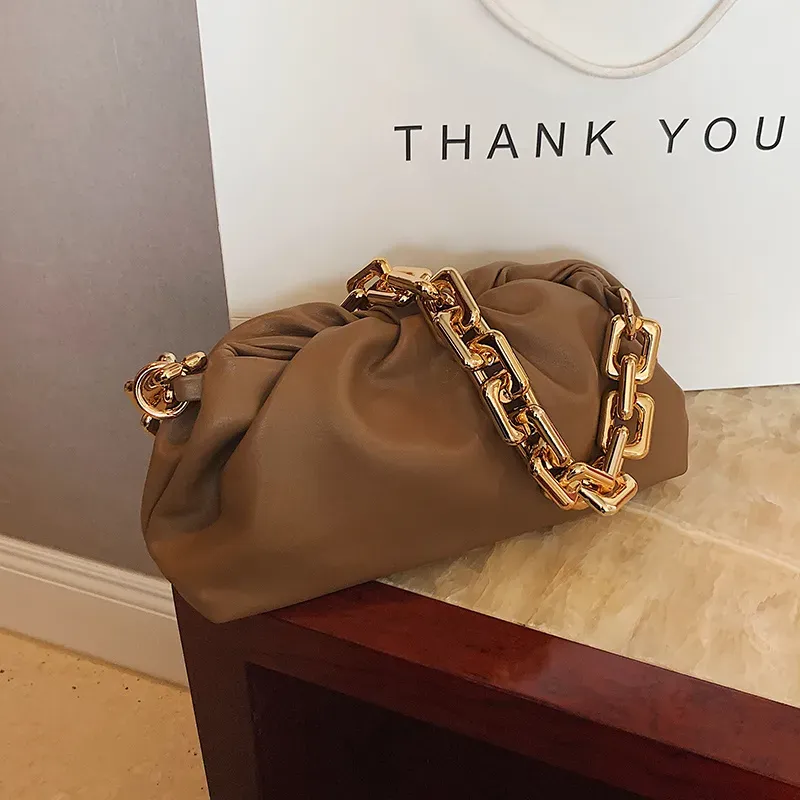 Women Fashion Thick Chain Crease Design Solid Color PU Shoulder Bag - Image 3