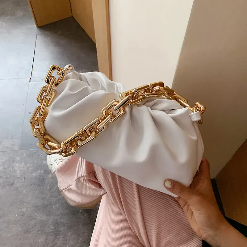 Women Fashion Thick Chain Crease Design Solid Color PU Shoulder Bag - Image 4