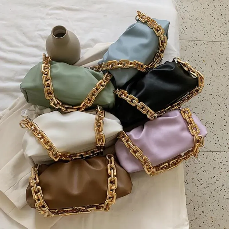Women Fashion Thick Chain Crease Design Solid Color PU Shoulder Bag - Image 5