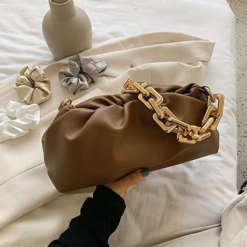 Women Fashion Thick Chain Crease Design Solid Color PU Shoulder Bag - Image 7