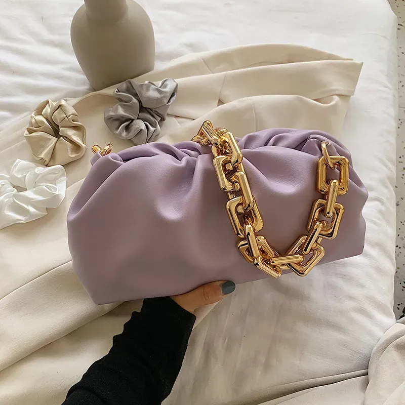 Women Fashion Thick Chain Crease Design Solid Color PU Shoulder Bag - Image 9
