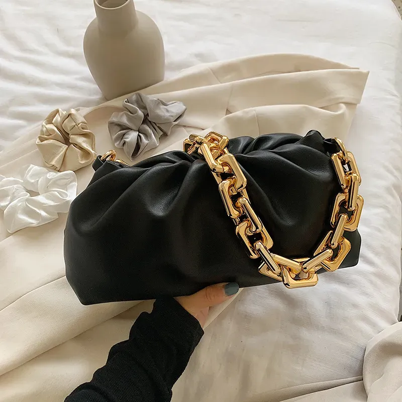 Women Fashion Thick Chain Crease Design Solid Color PU Shoulder Bag - Image 10
