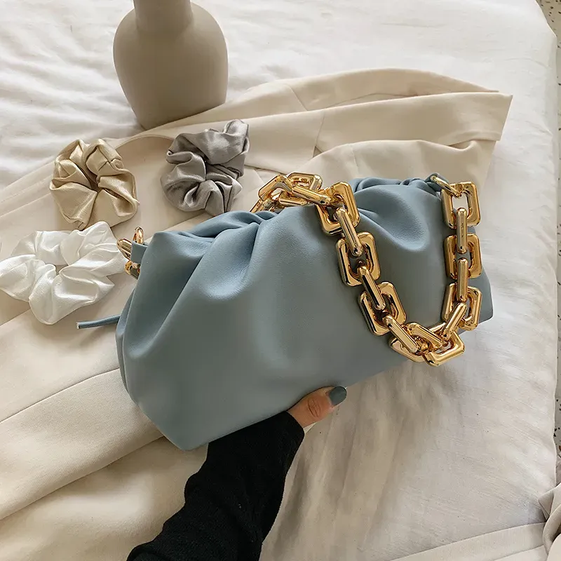 Women Fashion Thick Chain Crease Design Solid Color PU Shoulder Bag - Image 12