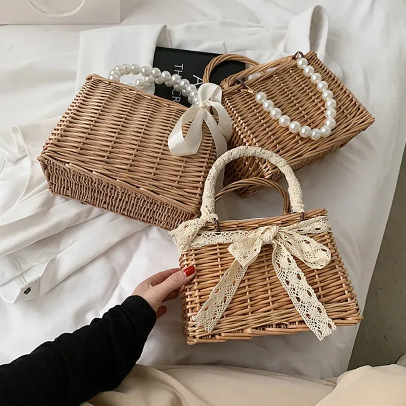 Women Casual Chic Pearl Chain Decorative Woven Design Straw Handle Bag