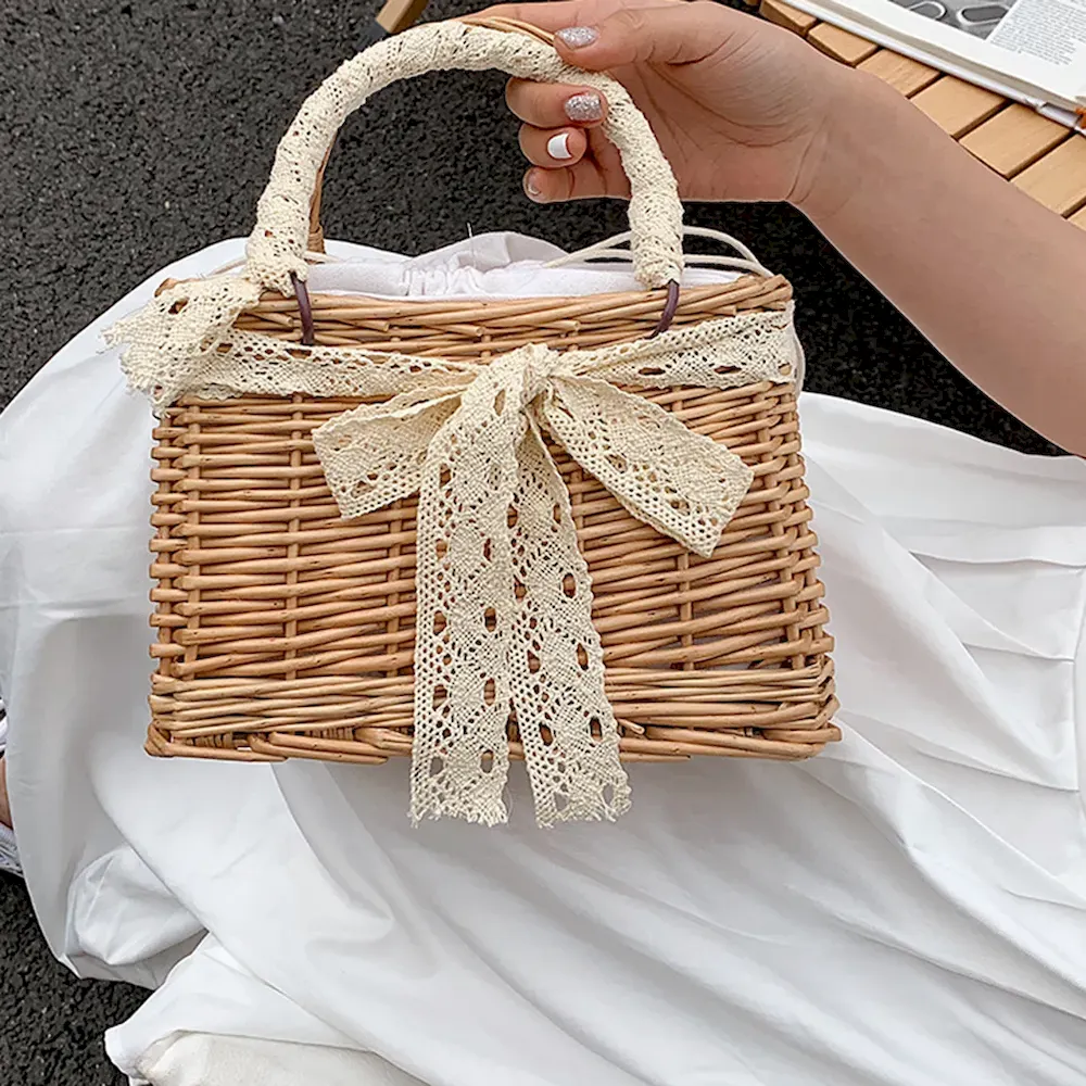 Women Casual Chic Pearl Chain Decorative Woven Design Straw Handle Bag - Image 7