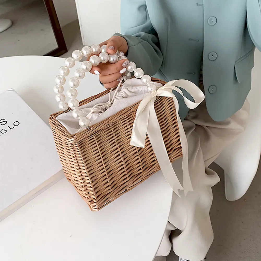 Women Casual Chic Pearl Chain Decorative Woven Design Straw Handle Bag - Image 8