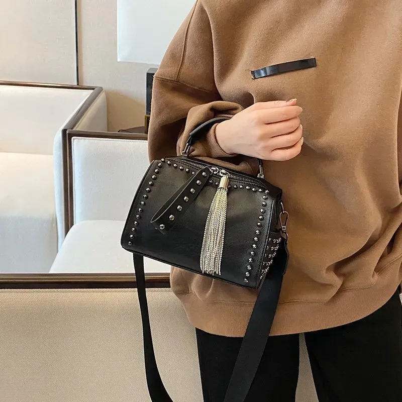 Women Punk Rivet Decorative Tassel Pendant Zipper Design Solid Color PU Handle Bag - Image 2